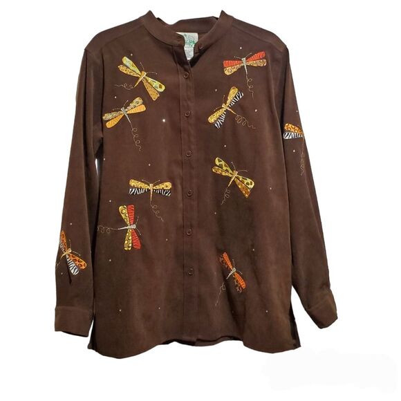 Quacker Factory Embroidered Dragonfly Printed Button Down Blouse Size S - Picture 1 of 11